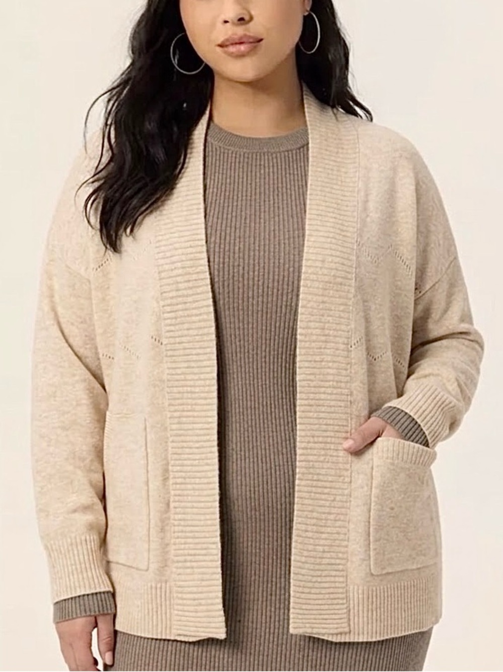 Skies are Blue Pointelle Sweater Cardigan Size 2X Cream Heather Cozy Wool Blend